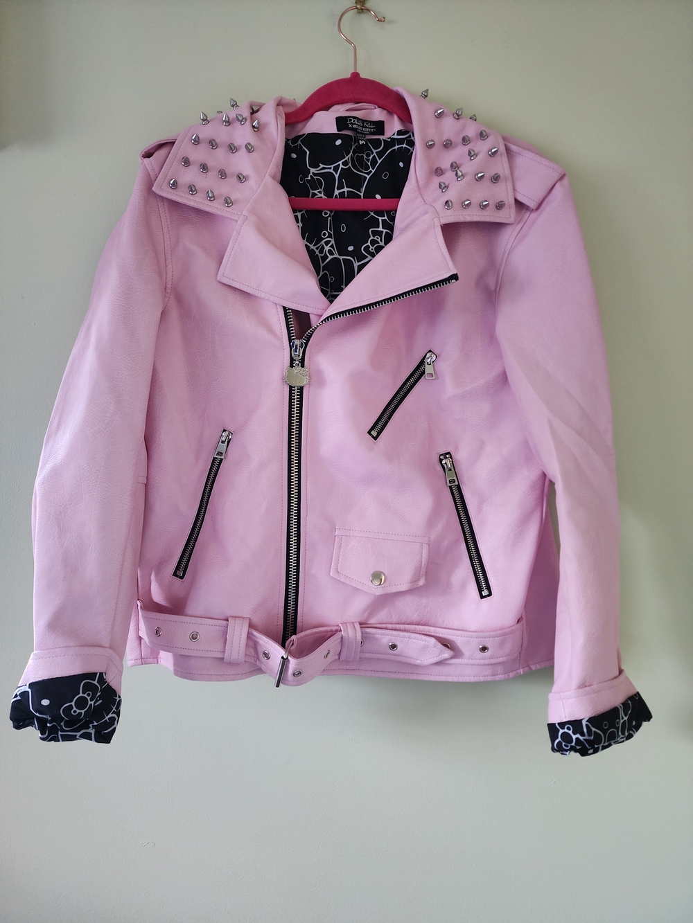 Hello Kitty X Dolls Kill Pink Studded Faux Leather Moto Jacket